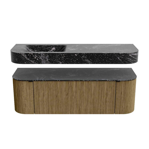 MONDIAZ THOR-DLUX 140cm meuble de salle de bains arrondi gauche + droite couleur Dusk avec 1 tiroir et 2 portes. Vasque suspendue CLOUD Gauche 1 trou de robinet couleur Lava. SW1464230
