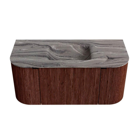 MONDIAZ KURVE-DLUX Meuble de salle de bains 100cm arrondi gauche + droite couleur Ruby avec 1 tiroir et 2 portes. Lavabo GRUNNE central 1 trou de robinet Sombra. SW1433921