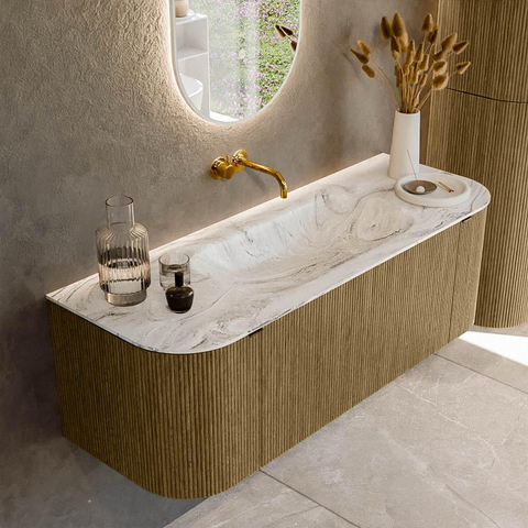 Mondiaz KURVE-DLUX Ensemble de meuble de salle de bains - 130x46x40cm - 1 tiroir - 2 portes - vasque solid surface - centre - sans trou de robinet - Dusk SW1415466