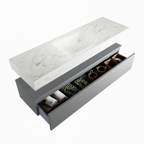Mondiaz ALAN-DLUX Ensemble de meuble - 150cm - meuble Plata mat - 1 tiroir - Lavabo Cloud Opalo suspendu - vasque Centre - 0 trous de robinet SW806987