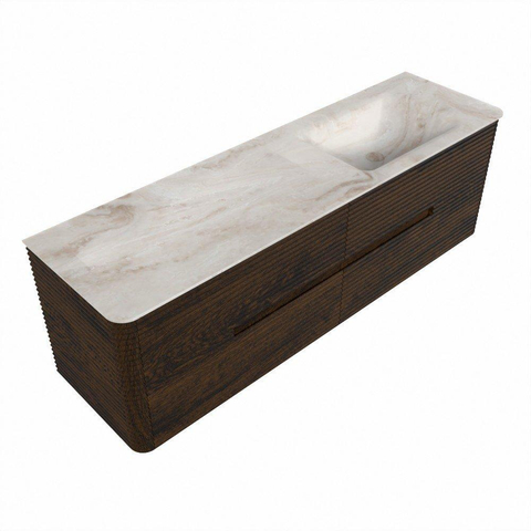 Mondiaz CIRO-DLUX Badkamermeubelset - 160x45x50cm - Solid surface wastafel Frappe - 1 wasbak Rechts - zonder kraangaten - 4 lades - Walnut SW1530233