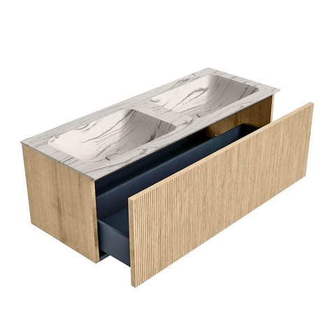 MONDIAZ KURVE-DLUX Meuble de salle de bains 120cm couleur Oak avec 1 tiroir et 0 porte. Lavabo LEAF Double sans trou de robinet Nata. SW1432117