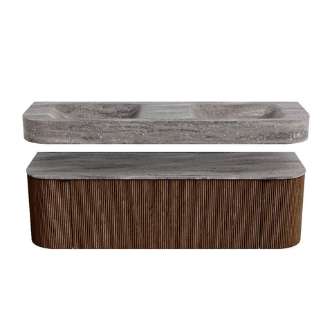 MONDIAZ THOR-DLUX 150cm badmeubel ronding links + rechts kleur Walnut met 1 lade en 2 deuren. Vrijhangende wastafel CLOUD Dubbel zonder kraangat kleur Oza. SW1464850