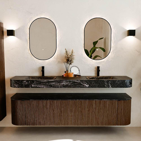 MONDIAZ THOR-DLUX 190cm badmeubel ronding links + rechts kleur Walnut met 2 lades en 2 deuren. Vrijhangende wastafel CLOUD Dubbel 2 kraangaten kleur Lava. SW1466424