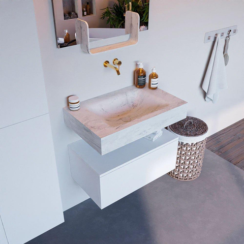 Mondiaz ALAN-DLUX Ensemble de meuble - 70cm - meuble Talc mat - 1 tiroir - Lavabo Cloud Opalo suspendu - vasque Centre - 0 trous de robinet SW806324