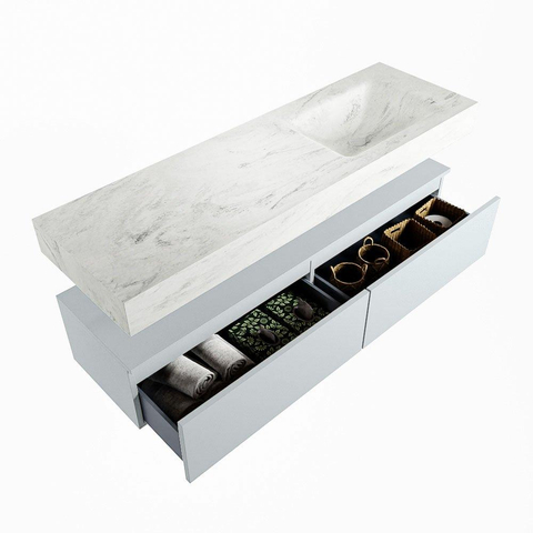 Mondiaz ALAN-DLUX Ensemble de meuble - 150cm - meuble Clay mat - 2 tiroirs - Lavabo Cloud Opalo suspendu - vasque Droite - 1 trou de robinet SW806999