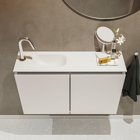 MONDIAZ TURE Kit lave-mains - 80x23x50cm - 1 trou de robinet - 2 portes - lin mat - Lavabo à gauche - Solid Surface Blanc SW475089