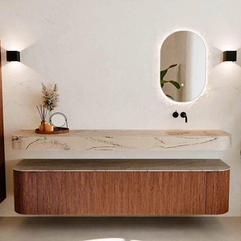 MONDIAZ THOR-DLUX 200cm meuble de salle de bains arrondi gauche + droite couleur Ruby avec 2 tiroirs et 2 portes. Vasque suspendue CLOUD droite sans trou de robinet couleur Arena. SW1467086