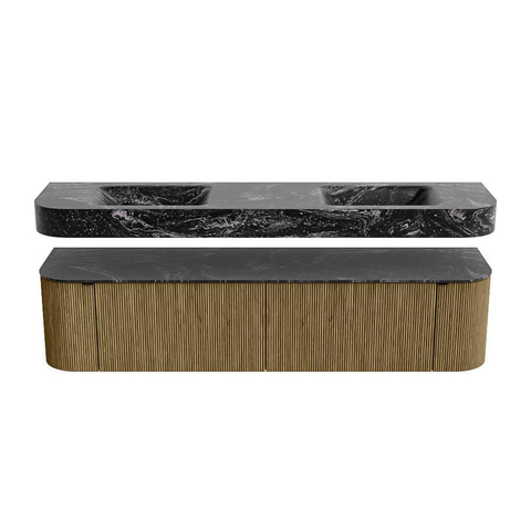 MONDIAZ THOR-DLUX 190cm meuble de salle de bains arrondi gauche + droite couleur Dusk avec 2 tiroirs et 2 portes. Vasque suspendue CLOUD Double sans trou de robinet couleur Lava. SW1466469