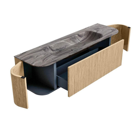MONDIAZ KURVE-DLUX Meuble de salle de bains 160cm arrondi Gauche + Droite couleur Chêne avec 1 tiroir et 2 portes. Lavabo BIG MEDIUM Central 1 trou de robinet Sombra. SW1433587