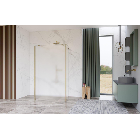 Fortifura Galeria Vrijstaande Inloopdouche - 140x200cm - glas mat - antikalk - 8mm veiligheidsglas - 2 zijwanden - 30cm - wandsteunen en hoekprofielen - PVD - geborsteld messing (goud) SW993000
