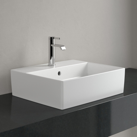 Villeroy & Boch memento 2.0 opzetwastafel - met 1 kraangat - 50x42cm CeramicPlus - met overloop - Stone White (mat wit) SW209585