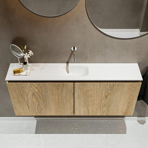 MONDIAZ TURE Toiletmeubel 120x23x50cm met 0 kraangaten 2 deuren washed oak mat Wastafel Eden midden Solid Surface Wit SW475170