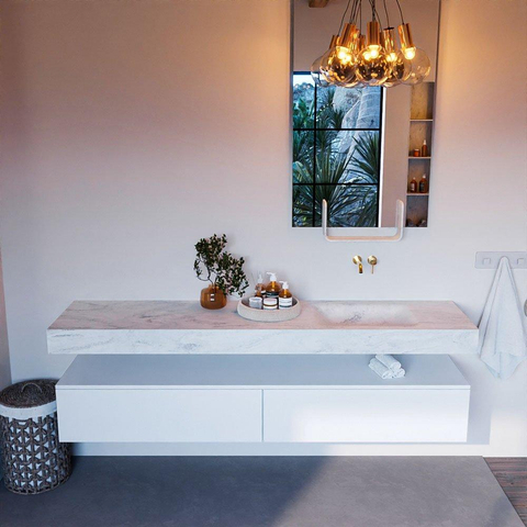 MONDIAZ ALAN - DLUX Ensemble de meuble de salle de bains - 200cm - meuble bas - Talc - 2 tiroirs - lavabo suspendu - vasque à droite - 0 trous de robinet - Opalo SW806343