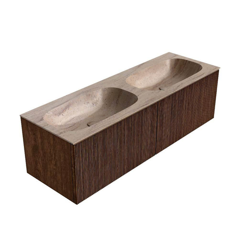 MONDIAZ KURVE-DLUX 140cm badmeubel kleur Walnut met 2 lades en 0 deuren. Wastafel STOR SMALL Dubbel 2 kraangaten Saba. SW1433213