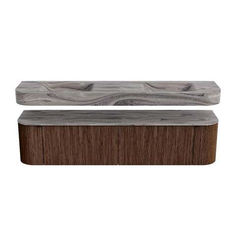 MONDIAZ THOR-DLUX Meuble de salle de bains 190cm arrondi gauche + droite couleur Walnut avec 2 tiroirs et 2 portes. Vasque suspendue CLOUD Double 2 trous de robinet couleur Sombra. SW1466701