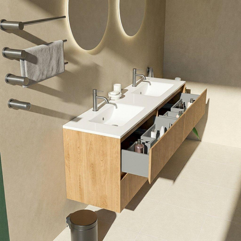 Saniclass Holz Atelier Badkamermeubelset - 160x45x62cm - Vygo keramische wastafel wit - 2 wasbakken - 2 kraangaten - 4 lades - mat eiken natural (hout) SW1478936