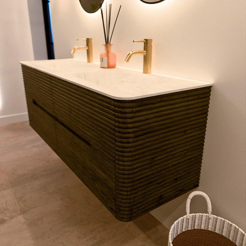 Mondiaz CIRO-DLUX Meuble de salle de bains - 140x45x50cm - Plan vasque solid surface Opalo - 2 vasques double - 2 perçages de robinet - 4 tiroirs - Shadow SW1532406