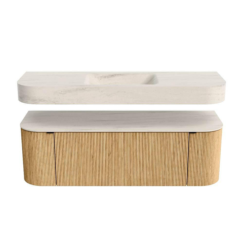 MONDIAZ THOR-DLUX Meuble de salle de bains 140cm arrondi gauche + droite couleur Oak avec 1 tiroir et 2 portes. Vasque suspendue CLOUD Milieu 1 trou de robinet couleur Meli. SW1464371