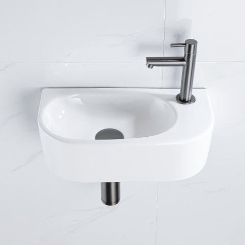 Fugaflow Efficiente Pietra Ensemble de fontaine - 40x21.5x12cm - droite - lisse - demi-rond - 1 trou de robinet - céramique - robinet de fontaine gunmetal - bonde d’évacuation - siphon déporté - blanc brillant SW1442354