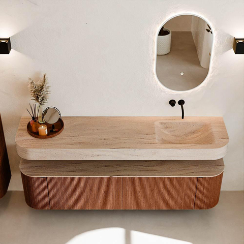 MONDIAZ THOR-DLUX 180cm meuble de salle de bains arrondi gauche + droite couleur Ruby avec 2 tiroirs et 2 portes. Vasque suspendue CLOUD Droite sans trou de robinet couleur Saba. SW1466258