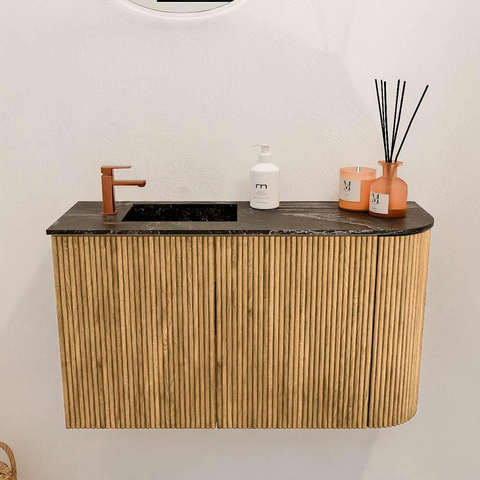 Mondiaz JOYA-DLUX Meuble de toilette 71,6cm - arrondi droit couleur Chêne - Vasque FAYE position Gauche 1 trou de robinet couleur Lava SW1422082