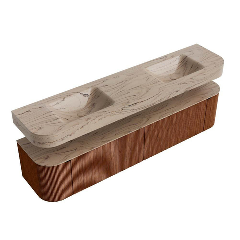 MONDIAZ THOR-DLUX 200cm meuble de salle de bains arrondi gauche + droite couleur Ruby avec 2 tiroirs et 2 portes. Vasque suspendue CLOUD Double 2 trous de robinet couleur Arena. SW1467079