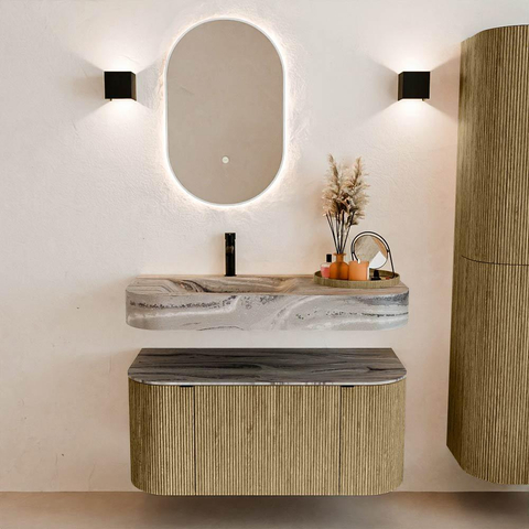 MONDIAZ THOR-DLUX 100cm meuble de salle de bains arrondi gauche + droite couleur Dusk avec 1 tiroir et 2 portes. Vasque suspendue CLOUD Gauche 1 trou de robinet couleur Sombra. SW1467623