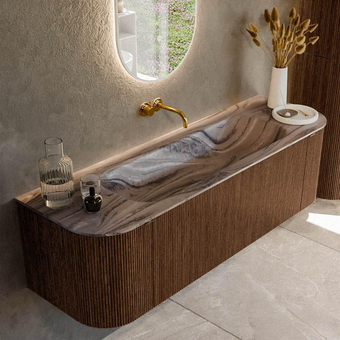 MONDIAZ KURVE-DLUX 150cm badmeubel ronding Links + Rechts kleur Walnut met 1 lade en 2 deuren. Wastafel BIG MEDIUM Midden zonder kraangat Sombra. SW1433667