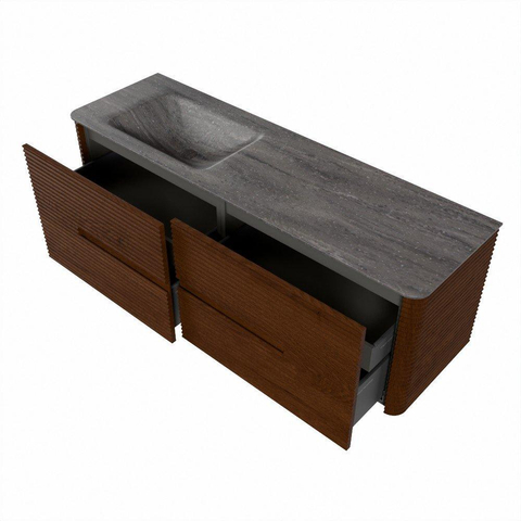 Mondiaz CIRO-DLUX Badkamermeubelset - 150x45x50cm - Solid surface wastafel Oza - 1 wasbak Links - zonder kraangaten - 4 lades - Ruby SW1532113