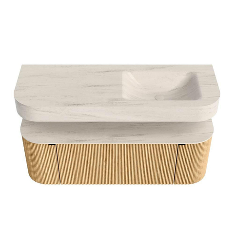 MONDIAZ THOR-DLUX 130cm badmeubel ronding links + rechts kleur Oak met 1 lade en 2 deuren. Vrijhangende wastafel CLOUD Rechts 1 kraangat kleur Meli. SW1463842