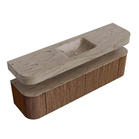 MONDIAZ THOR-DLUX 180cm meuble de salle de bains arrondi gauche + droite couleur Walnut avec 2 tiroirs et 2 portes. Vasque suspendue CLOUD Milieu 1 trou de robinet couleur Arena. SW1466134