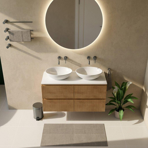 Saniclass Holz Atelier Badkamermeubelset - 120x45x62.5cm - Torino solid surface topblad wit - zonder kraangat - 4 lades - mat eiken natural (hout) SW1478712