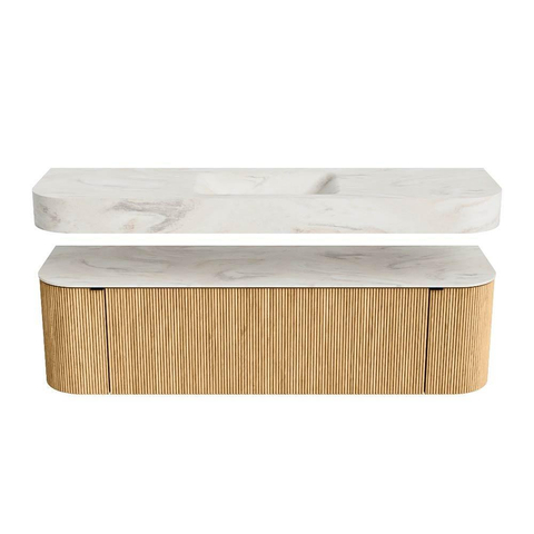 MONDIAZ THOR-DLUX 160cm badmeubel ronding links + rechts kleur Oak met 1 lade en 2 deuren. Vrijhangende wastafel CLOUD Midden zonder kraangat kleur Ostra. SW1464990