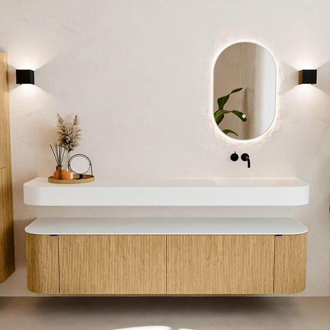 MONDIAZ THOR Meuble de salle de bains 190cm arrondi gauche + droite couleur Oak avec 2 tiroirs et 2 portes. Vasque suspendue CLOUD Droite sans trou de robinet couleur Talc. SW1466372
