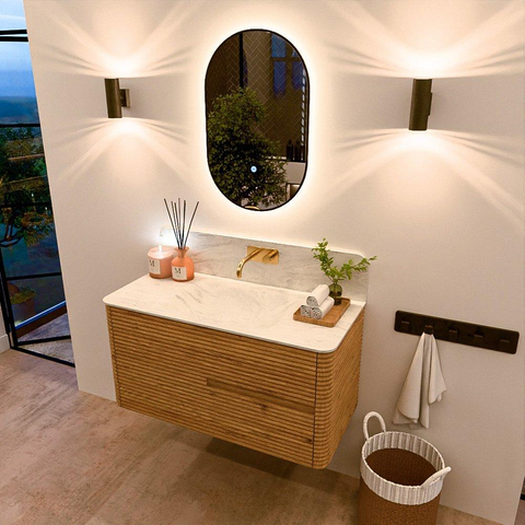 Mondiaz CIRO-DLUX Ensemble de meubles de salle de bains - 100x45x50cm - Plan vasque solid surface Opalo - 1 vasque au milieu - sans trous de robinetterie - 2 tiroirs - Chêne SW1531010