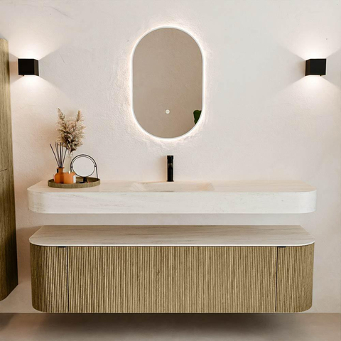 MONDIAZ THOR-DLUX Meuble de salle de bains - 170cm - arrondi gauche + droite - couleur Dusk - 1 tiroir et 2 portes - Vasque suspendue CLOUD Centre 1 trou de robinet couleur Meli SW1465743