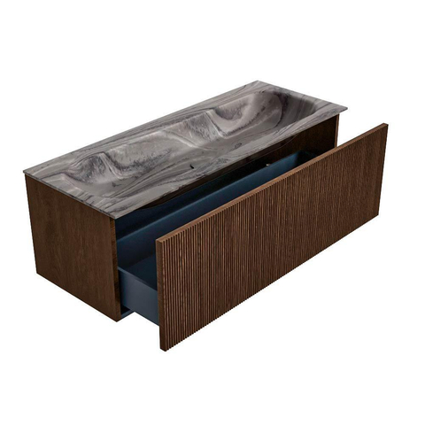 MONDIAZ KURVE-DLUX 120cm meuble de salle de bains couleur Walnut avec 1 tiroir et 0 porte. Lavabo BIG LARGE Centre sans trou de robinet Sombra. SW1433678