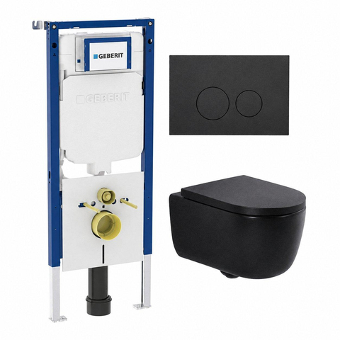 QeramiQ Dely Swirl Pack WC - 36,3x51,7cm - réservoir encastré Geberit UP720 Duofix Sigma - assise 35mm - plaque de déclenchement mat anthracite - boutons ronds - mat noir SW1413161