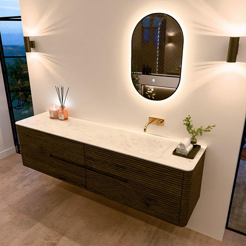 Mondiaz CIRO-DLUX Ensemble de meubles de salle de bains - 190x45x50cm - vasque en solid surface Opalo - 1 lavabo à droite - sans trous de robinet - 4 tiroirs - Shadow SW1532445