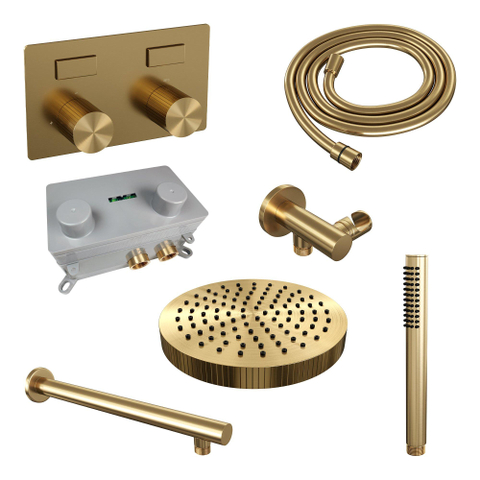 BRAUER Stripe Thermostatische Inbouw Regendouche - drukknoppen - SET 25 - 25cm douchekop - rechte muurarm - staaf handdouche - doucheslang - wandaansluitbocht - goud geborsteld PVD SW1434849