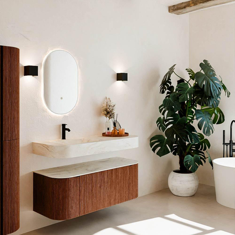 MONDIAZ THOR-DLUX 120cm meuble de salle de bains arrondi gauche + droite couleur Ruby avec 1 tiroir et 2 portes. Vasque suspendue CLOUD Gauche 1 trou de robinet couleur Ostra. SW1463125