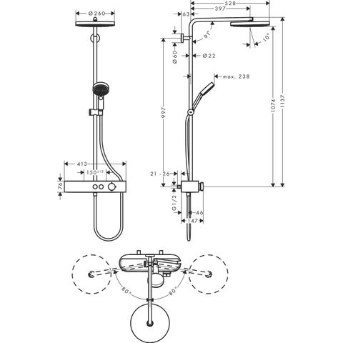 Hansgrohe Pulsify s Regendoucheset - thermostatisch - 26cm - hoofddouche - ronde 3 standen - handdouche - geborsteld brons SW917999