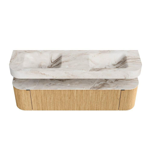 MONDIAZ THOR-DLUX 170cm meuble de salle de bains arrondi gauche + droite couleur Oak avec 1 tiroir et 2 portes. Vasque suspendue CLOUD Double sans trou de robinet couleur Frappe. SW1465435