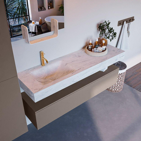 Mondiaz ALAN-DLUX Ensemble de meuble - 150cm - meuble Smoke mat - 1 tiroir - Lavabo Cloud Opalo suspendu - vasque Gauche - 1 trou de robinet SW806547