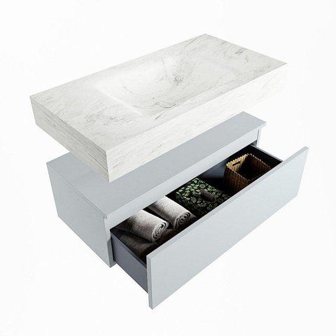 Mondiaz ALAN-DLUX Ensemble de meuble - 90cm - meuble Clay mat - 1 tiroir - Lavabo Cloud Opalo suspendu - vasque Centre - 1 trou de robinet SW806998
