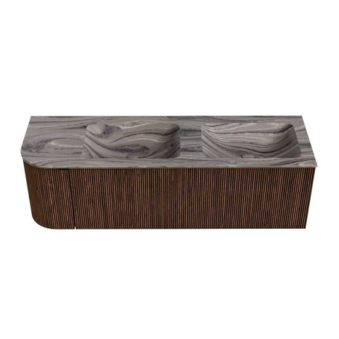 MONDIAZ KURVE-DLUX Meuble de salle de bains 145cm arrondi à gauche couleur Walnut avec 1 tiroir et 1 porte. Lavabo LEAF Double / Droite 2 trous de robinet Sombra. SW1433694