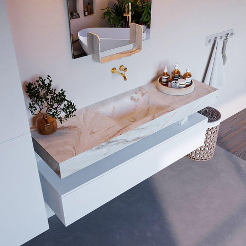 Mondiaz ALAN-DLUX Ensemble de meuble - 150cm - meuble Talc mat - 1 tiroir - Lavabo Cloud Frappe suspendu - vasque Centre - 0 trous de robinet SW804678