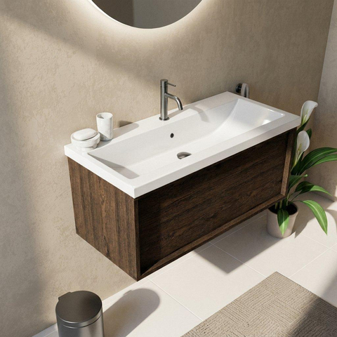 Saniclass Holz Frame Ensemble de meuble de salle de bains - 100x45x43.5cm - lavabo Bari en céramique blanc - 1 vasque - 1 trou de robinetterie - 1 tiroir - chêne charcoal mat (bois) SW1478756