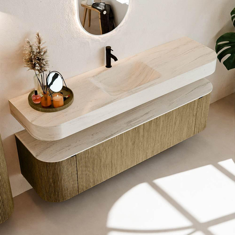 MONDIAZ THOR-DLUX Meuble de salle de bains - 170cm - arrondi gauche + droite - couleur Dusk - 1 tiroir et 2 portes - Vasque suspendue CLOUD Centre 1 trou de robinet couleur Meli SW1465743